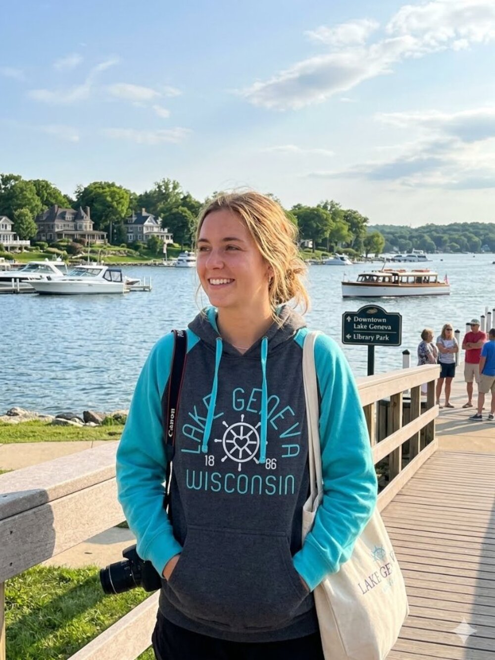 Exist Unisex Charcoal Turquoise Lake Geneva Wisconsin Long Sleeve Pocket Hoodie